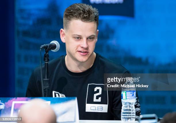 Joe Burrow #QB02 of the LSU Tigers speaks to the media at the Indiana Convention Center on February 25, 2020 in Indianapolis, Indiana. Joe Burrow