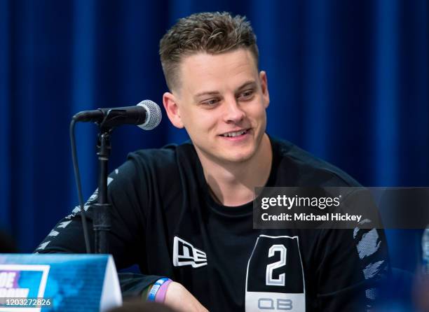 Joe Burrow #QB02 of the LSU Tigers speaks to the media at the Indiana Convention Center on February 25, 2020 in Indianapolis, Indiana. Joe Burrow