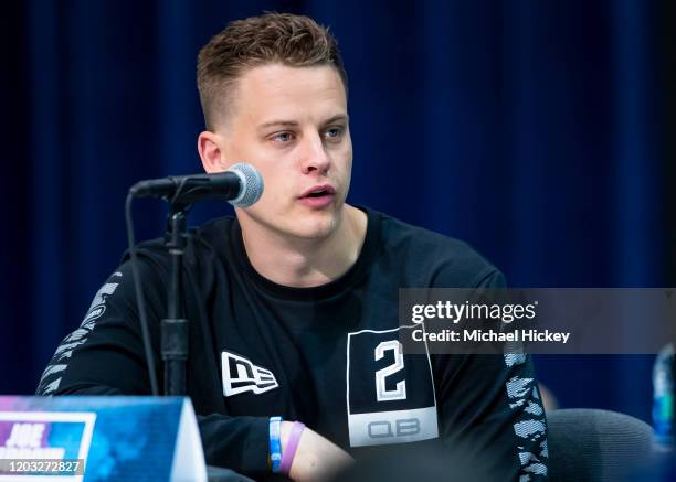 Joe Burrow #QB02 of the LSU Tigers speaks to the media at the Indiana Convention Center on February 25, 2020 in Indianapolis, Indiana. Joe Burrow