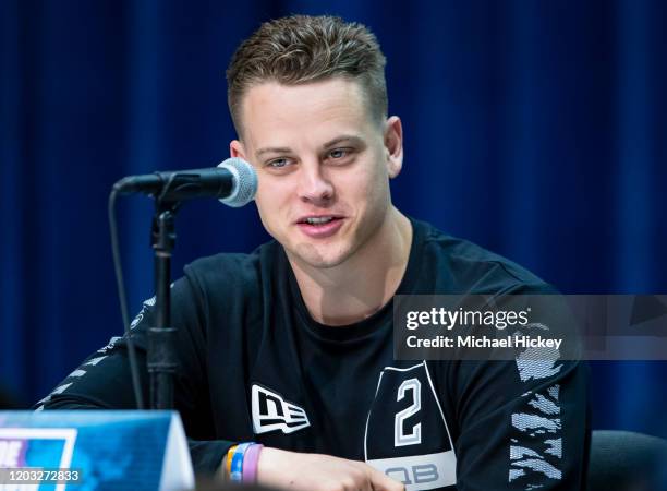 Joe Burrow #QB02 of the LSU Tigers speaks to the media at the Indiana Convention Center on February 25, 2020 in Indianapolis, Indiana. Joe Burrow