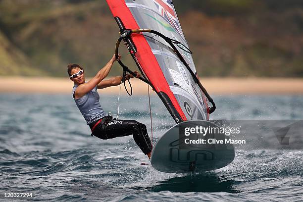Bryony Shaw of Great Britain in action during a Womens RS-X Class race during day three of the Weymouth and Portland International Regatta at the...