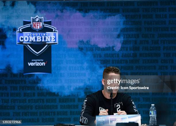 Louisiana State quarterback Joe Burrow answers questions from the media during the NFL Scouting Combine on February 25, 2020 at the Indiana...