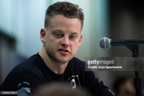 Louisiana State quarterback Joe Burrow answers questions from the media during the NFL Scouting Combine on February 25, 2020 at the Indiana...