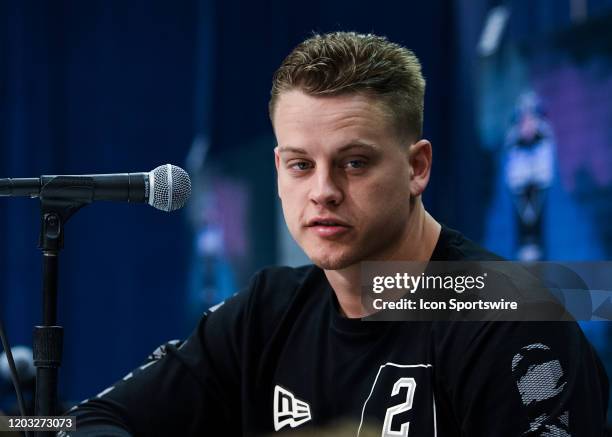 Louisiana State quarterback Joe Burrow answers questions from the media during the NFL Scouting Combine on February 25, 2020 at the Indiana...