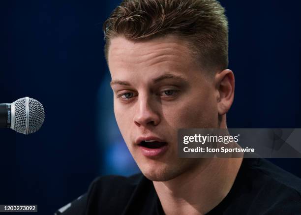 Louisiana State quarterback Joe Burrow answers questions from the media during the NFL Scouting Combine on February 25, 2020 at the Indiana...