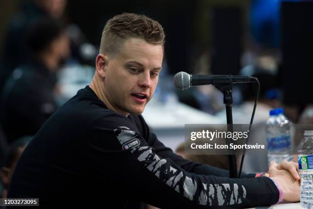 Louisiana State quarterback Joe Burrow answers questions from the media during the NFL Scouting Combine on February 25, 2020 at the Indiana...