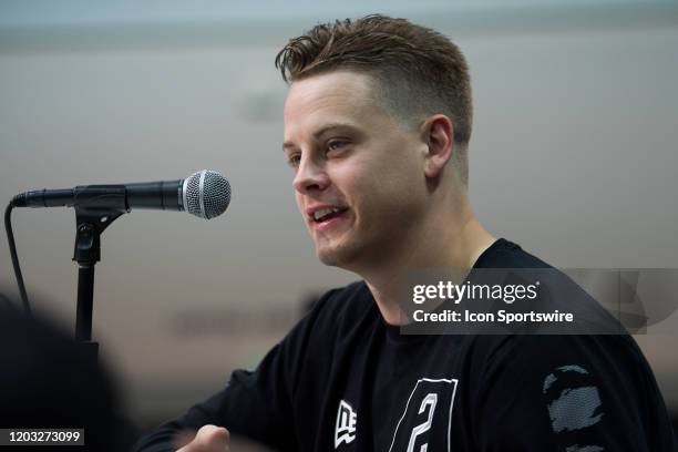 Louisiana State quarterback Joe Burrow answers questions from the media during the NFL Scouting Combine on February 25, 2020 at the Indiana...