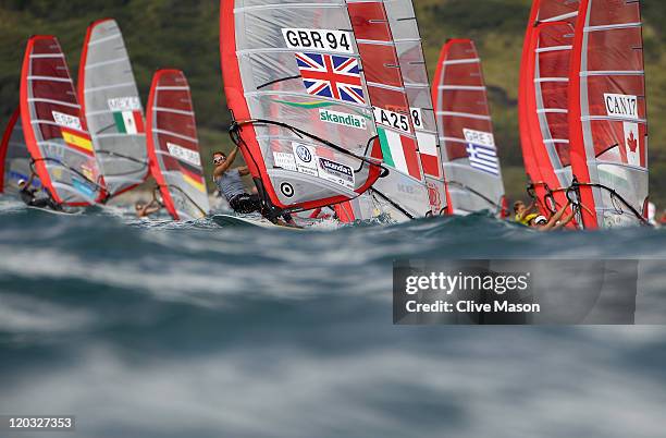 Bryony Shaw of Great Britain in action during a Womens RS-X Class race during day three of the Weymouth and Portland International Regatta at the...