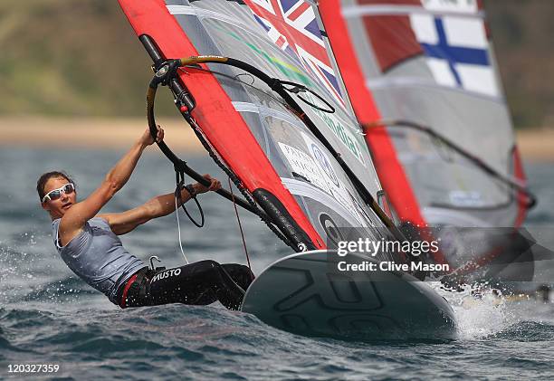 Bryony Shaw of Great Britain in action during a Womens RS-X Class race during day three of the Weymouth and Portland International Regatta at the...