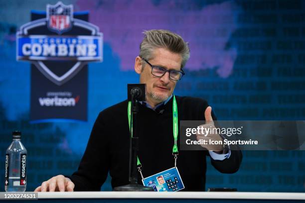 Atlanta Falcons general manager Thomas Dimitroff answers questions from the media during the NFL Scouting Combine on February 25, 2020 at the Indiana...