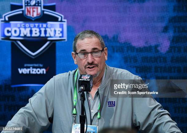 New York Giants general manager Dave Gettleman answers questions from the media during the NFL Scouting Combine on February 25, 2020 at the Indiana...