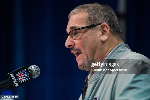 New York Giants general manager Dave Gettleman answers questions from the media during the NFL Scouting Combine on February 25, 2020 at the Indiana...