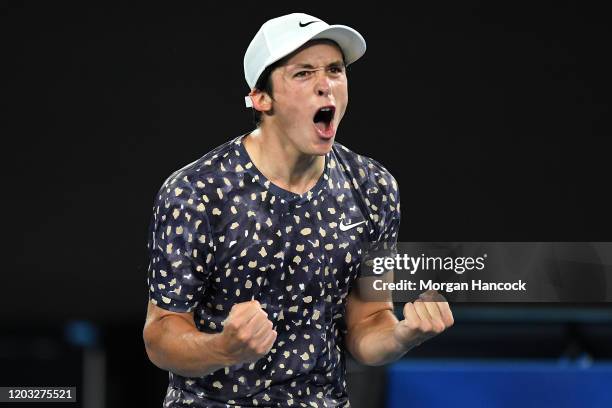 Harold Mayot of France celebrates after winning Championship point during his Junior Boys' Singles Final against Arthur Cazaux of France on day...