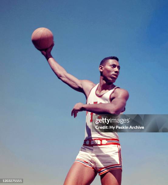 Wilt Chamberlain of the University of Kansas Jayhawks poses for a portrait circa 1957 in Lawrence, Kansas.