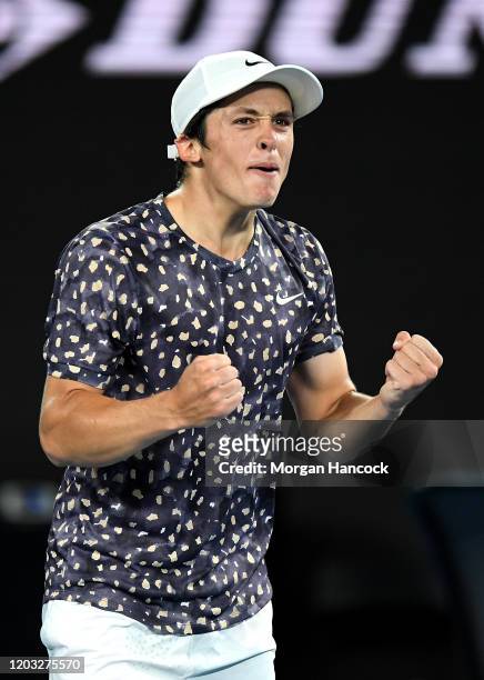 Harold Mayot of France celebrates after winning Championship point during his Junior Boys' Singles Final against Arthur Cazaux of France on day...