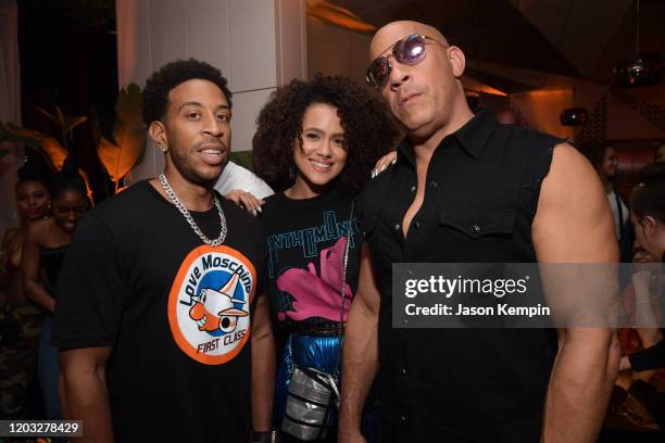 Chris "Ludacris" Bridges, Nathalie Emmanuel and Vin Diesel attend the Fast & Furious F9 After Party at Kaido Miami on January 31, 2020 in Miami,...