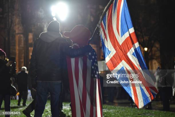 Pro Brexit supporters during the Leave Means Leave, Brexit day celebration party outside the Houses of Parliament at Parliament Square on January 31,...