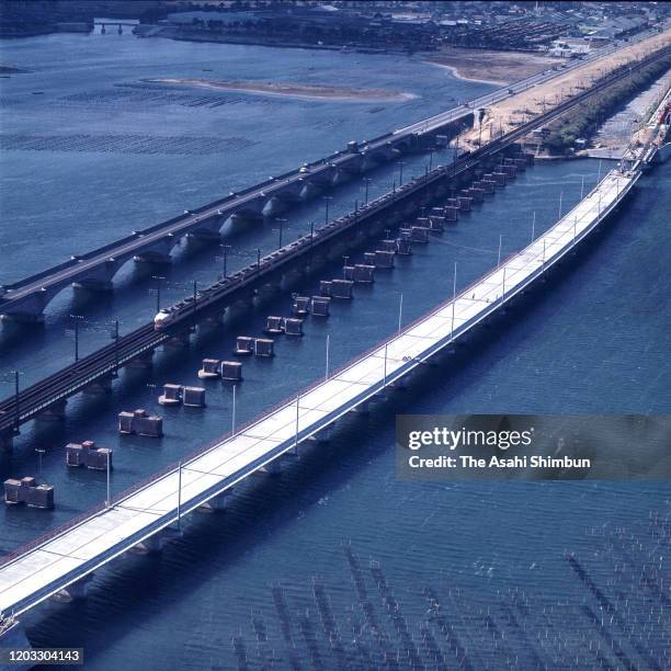 In this aerial image, construction of the railway bridge of the Tokaido Shinkansen bullet train continues on January 10, 1964 in Hamamatsu, Shizuoka,...