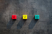 Customer business satisfaction ratings concept with traffic light coloured wood blocks with facial expressions and copy space