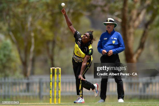 Dakota Narrier of Western Australia bowls during the National Indigenous Cricket Championships Women's match between Queensland and Western Australia...