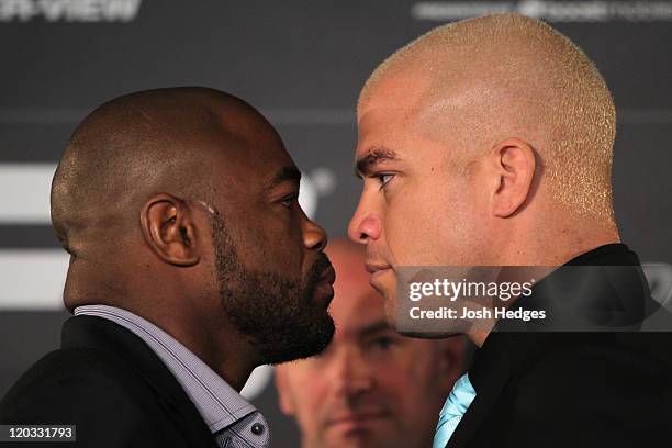 Light Heavyweight opponents Rashad Evans and Tito Ortiz face off at the UFC 133 pre-fight press conference at the Independence Visitors Center on...