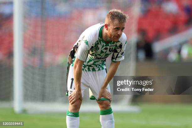 Connor Pain of Western United looks dejected during the round 17 A-League match between the Newcastle Jets and Western United at McDonald Jones...