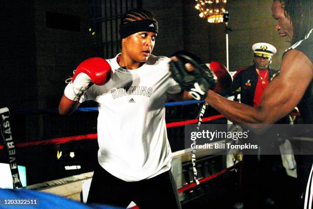 November 7: MANDATORY CREDIT Bill Tompkins/Getty Images Laila Ali during promotional sparring session at Grand Central Station in New York...