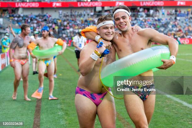 Participants in the Budgey Smuggler Race are seen cheering during the 2020 Sydney Sevens at Bankwest Stadium on February 01, 2020 in Sydney,...