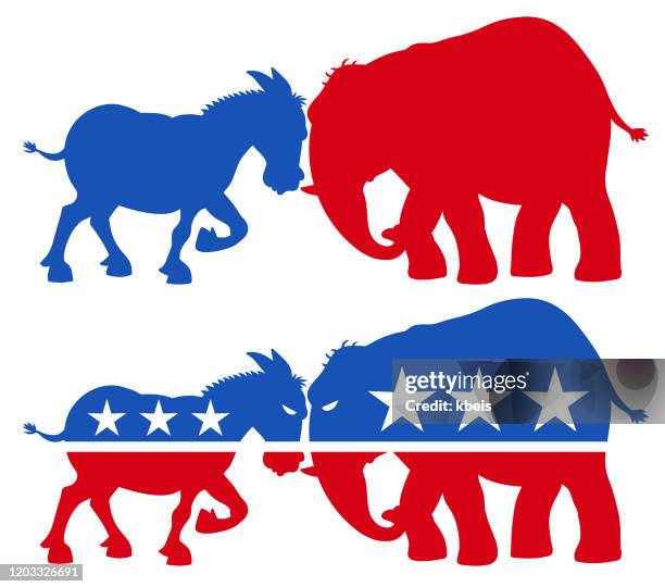 stockillustraties, clipart, cartoons en iconen met republikeinse olifant vs democratische ezel- silhouetten - rivaliteit