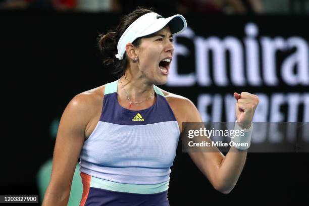 Garbine Muguruza of Spain celebrates after winning set point during her Women's Singles Final match against Sofia Kenin of the United States on day...