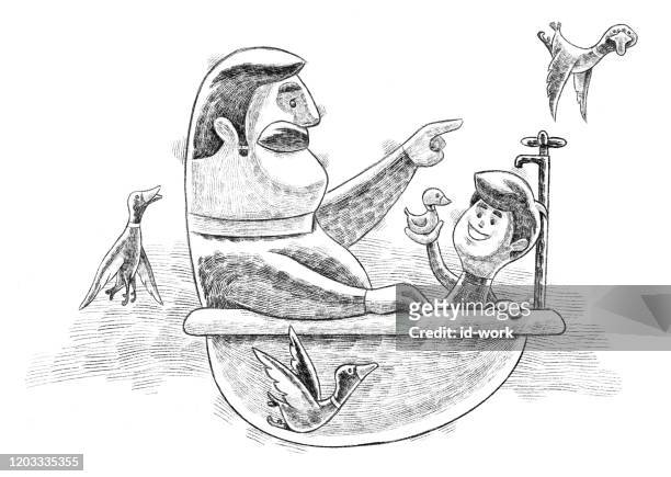 boy and father sitting in bathtub sketch - flying dad son stock illustrations