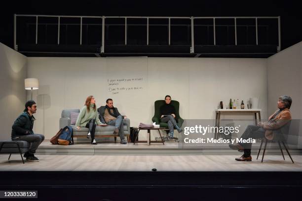 Octavio Hinojosa, Begona Narvaez, Cristian Magaloni, Aida del Rio and Rafael Sanchez Navarro act during the premiere of the play Seminar at Teatro...