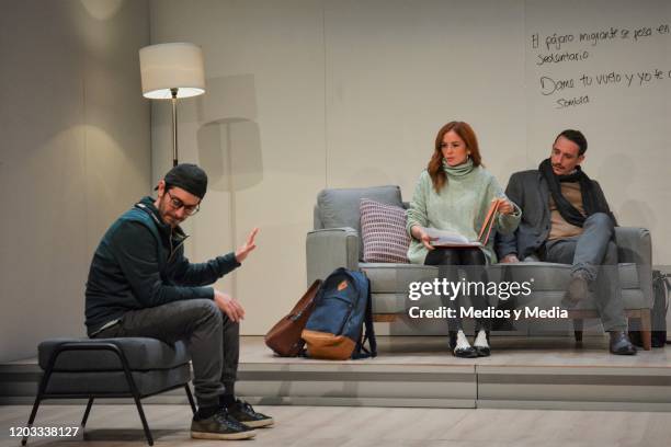 Octavio Hinojosa, Begona Narvaez and Cristian Magaloni act during the premiere of the play Seminar at Teatro Milan on January 31, 2020 in Mexico...