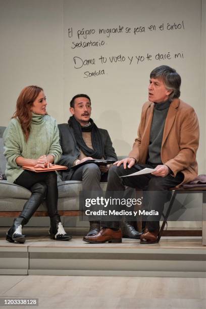 Begona Narvaez, Cristian Magaloni, Rafael Sanchez Navarro act during the premiere of the play Seminar at Teatro Milan on January 31, 2020 in Mexico...