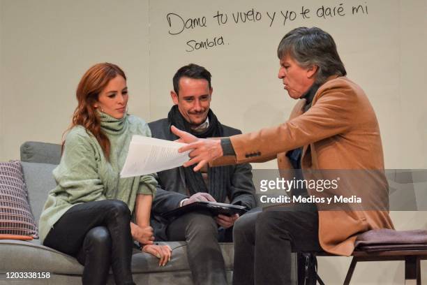 Begona Narvaez, Cristian Magaloni and Rafael Sanchez Navarro act during the premiere of the play Seminar at Teatro Milan on January 31, 2020 in...