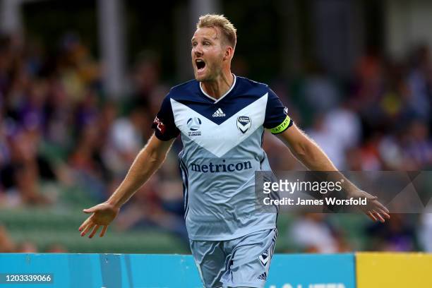 Ola Toivonen of Melbourne Victory celebrates his goal during the round 17 A-League match between the Perth Glory and the Melbourne Victory at HBF...