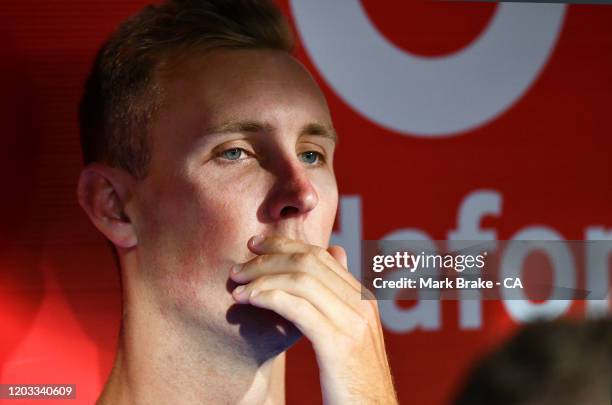 Billy Stanlake of the Strikers watches the Strikers bat during the Big bash League Finals match between the Adelaide Strikers and the Sydney Thunder...