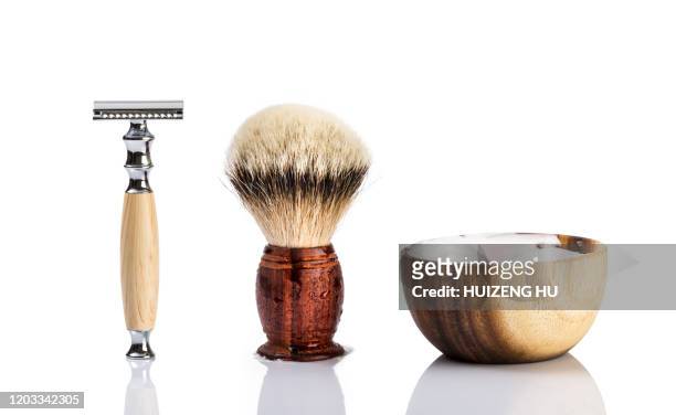 shaving tools. shaving cream, towel and razor - shaving brush stock-fotos und bilder