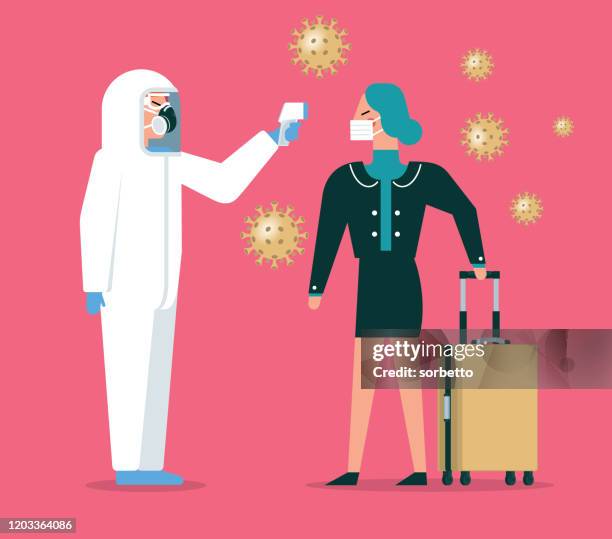 coronavirus checkpoint - geschäftsfrau - temperature checkpoint stock-grafiken, -clipart, -cartoons und -symbole