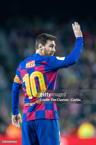 January 30: Lionel Messi of Barcelona acknowledges the fans after scoring the first of his two goals during the Barcelona V Leganes, Copa del Rey...