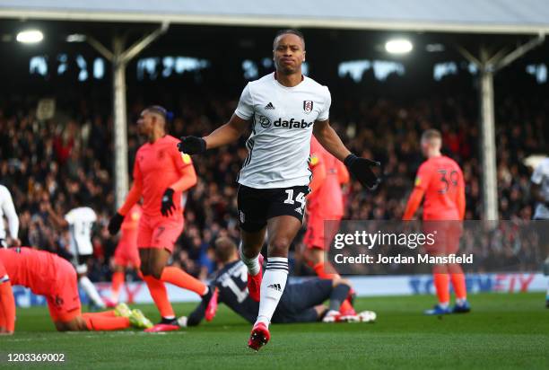 Bobby Decordova-Reid of Fulham celebrates scoring his sides first goal during the Sky Bet Championship match between Fulham and Huddersfield Town at...