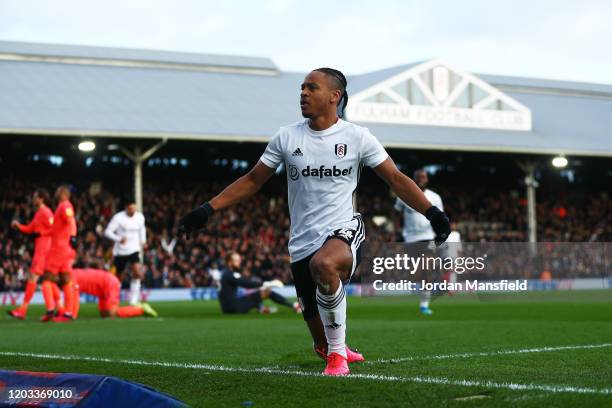 Bobby Decordova-Reid of Fulham celebrates scoring his sides first goal during the Sky Bet Championship match between Fulham and Huddersfield Town at...