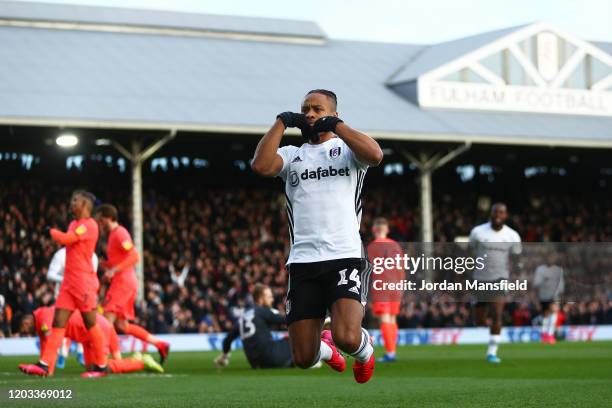 Bobby Decordova-Reid of Fulham celebrates scoring his sides first goal during the Sky Bet Championship match between Fulham and Huddersfield Town at...