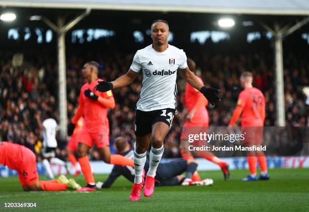 Bobby Decordova-Reid of Fulham celebrates scoring his sides first goal during the Sky Bet Championship match between Fulham and Huddersfield Town at...