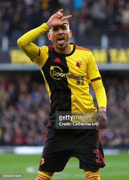 Roberto Pereyra of Watford celebrates after scoring his team's second goal during the Premier League match between Watford FC and Everton FC at...