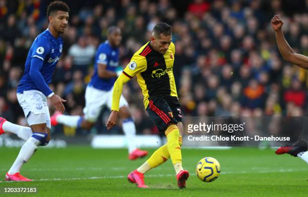 Roberto Pereyra of Watford FC scores his teams second goal during the Premier League match between Watford FC and Everton FC at Vicarage Road on...