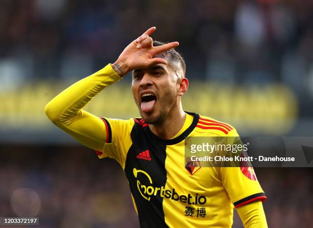 Roberto Pereyra of Watford FC celebrates scoring his teams second goal during the Premier League match between Watford FC and Everton FC at Vicarage...