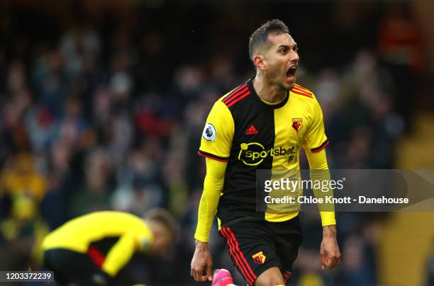 Roberto Pereyra of Watford FC celebrates scoring his teams second goal during the Premier League match between Watford FC and Everton FC at Vicarage...