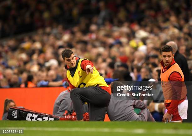 Wales Technical Advisor for Defence/Breakdown, Sam Warburton and Rhys Webb of Wales look on during the 2020 Guinness Six Nations match between Wales...