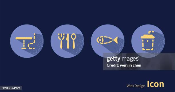 table, cutlery, knife and fork, fish, drink, icon set. - silver bars stock illustrations